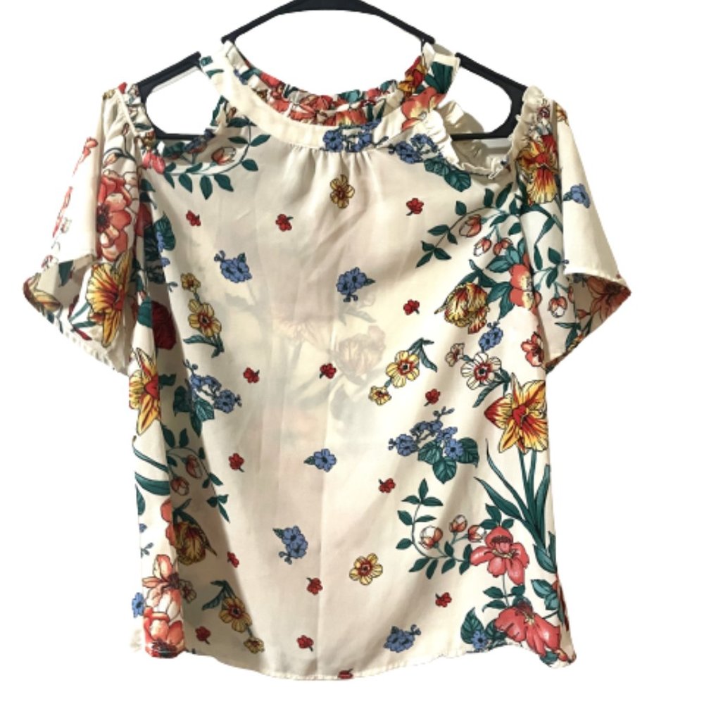 Women's LARGE Monteau Sheer Blouse with Peekaboo Shoulder Cream Floral Spring